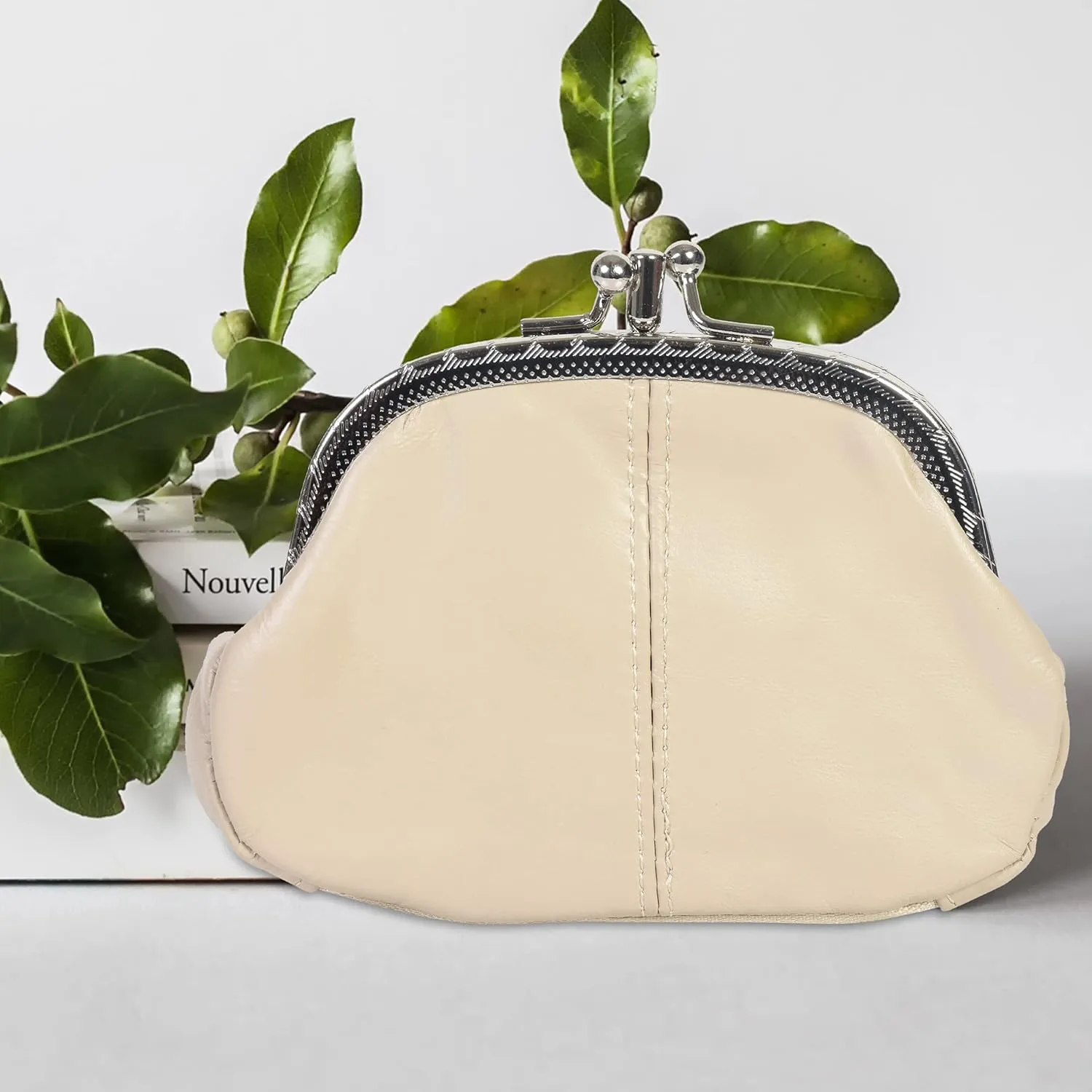 Coin Purse Double Frame with Zipper Pocket - Beige