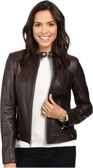 Cole Haan Women's Racer with Quilted Panels Leather Jacket