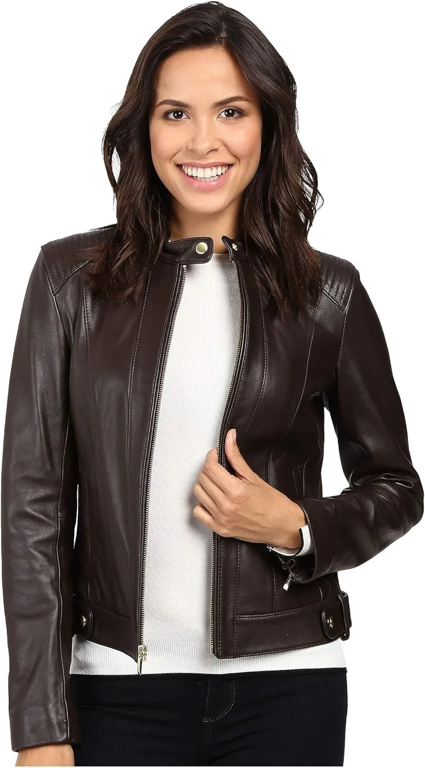 Cole Haan Women's Racer with Quilted Panels Leather Jacket