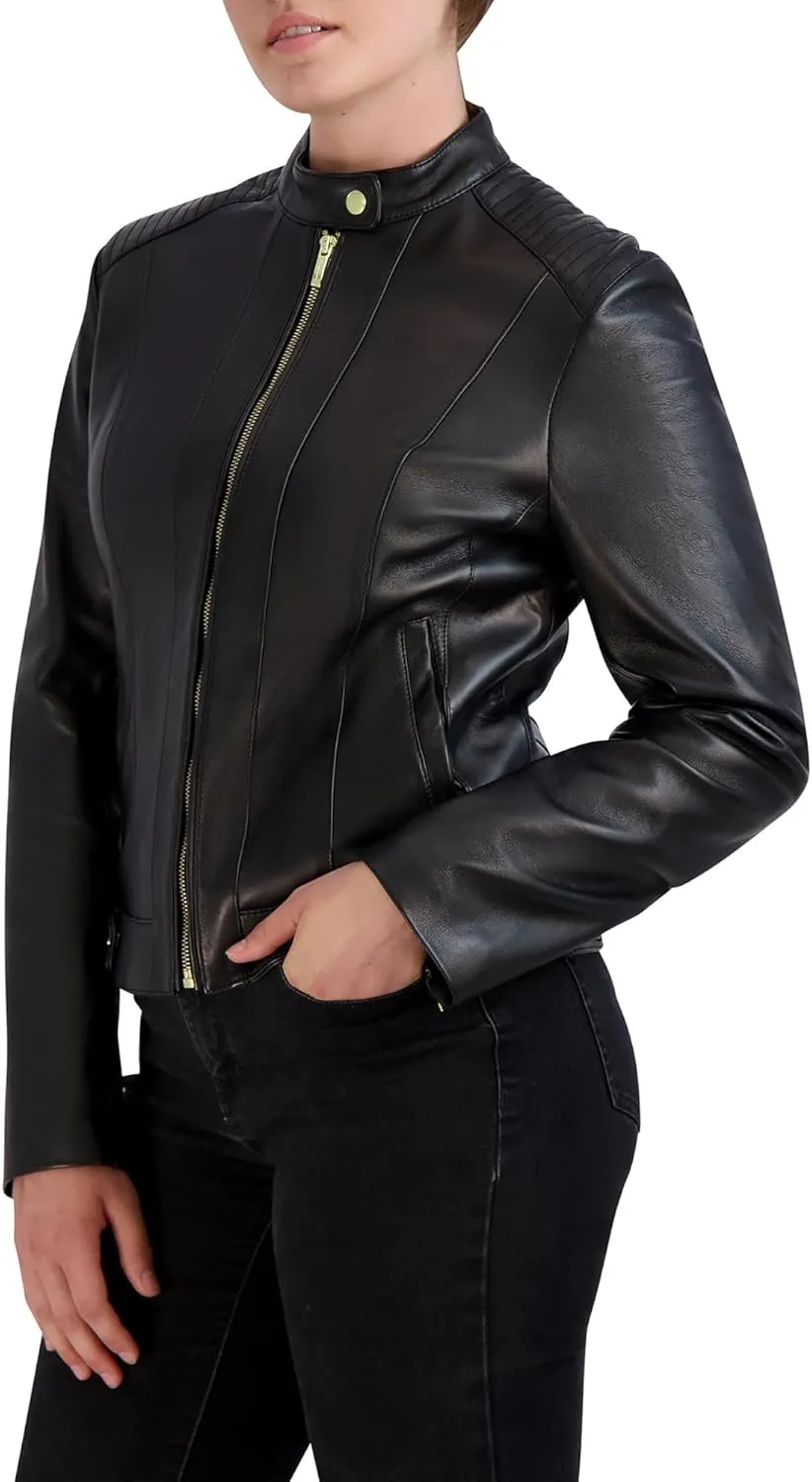 Cole Haan Women's Racer with Quilted Panels Leather Jacket
