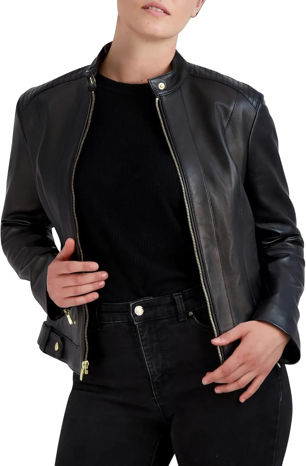 Cole Haan Women's Racer with Quilted Panels Leather Jacket