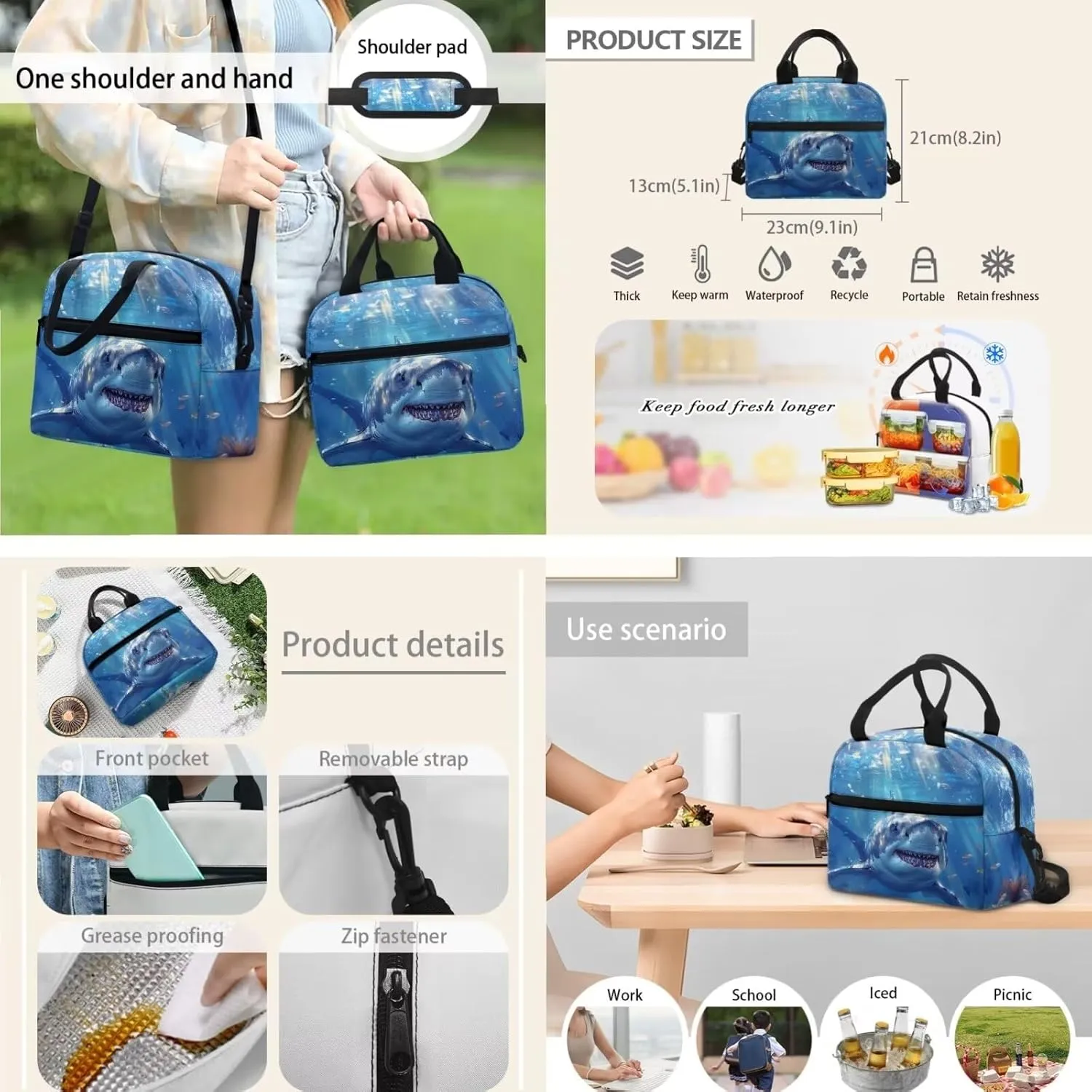 Cool Shark School Backpack With Lunch Box for Boys Kids Bookbag Pencil Case Lunch Bag Set 3 In 1 Elementary Middle School Bags for Teens Ages 8-10/10-12 Travel Daypack Students Stationery