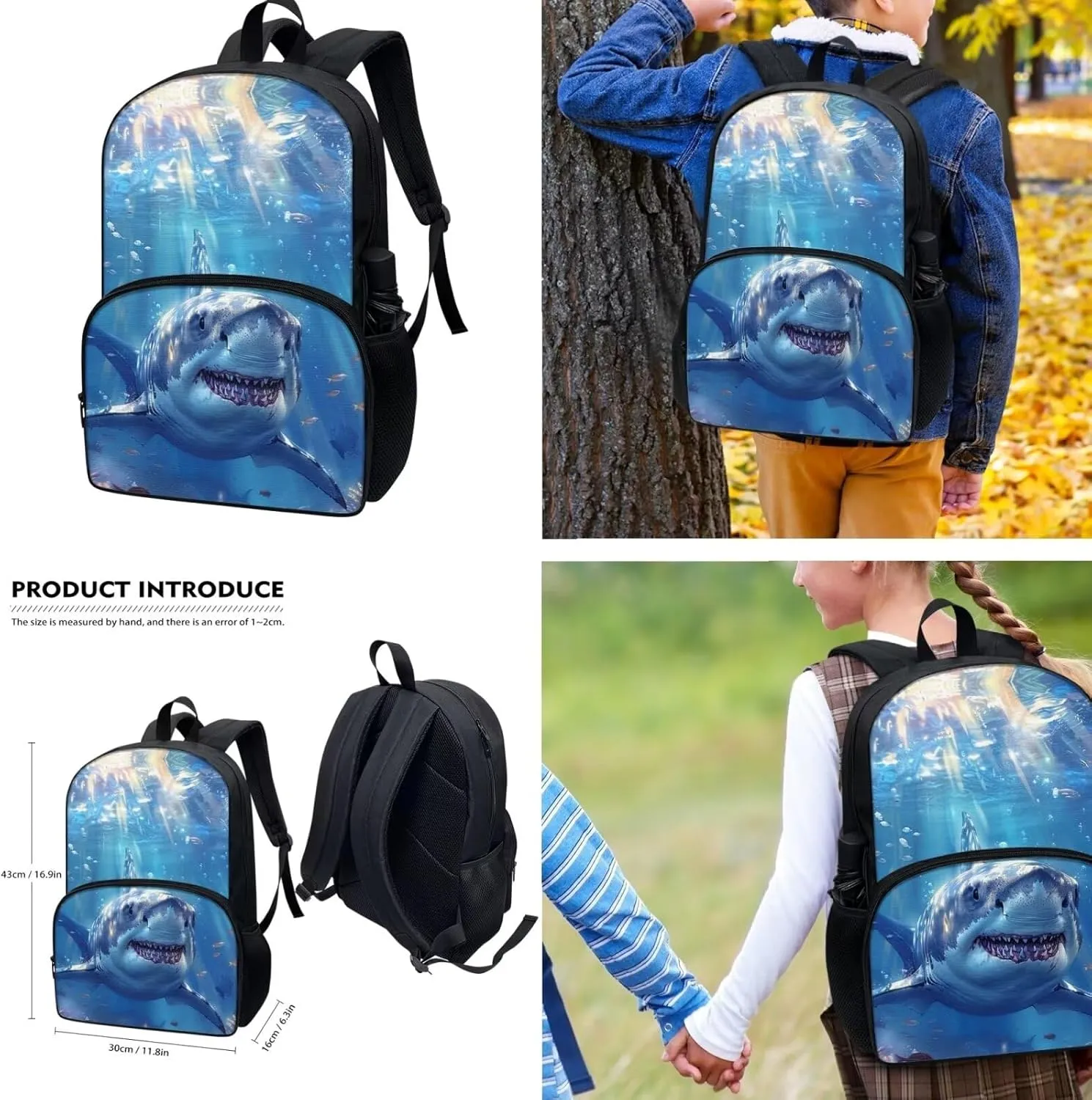 Cool Shark School Backpack With Lunch Box for Boys Kids Bookbag Pencil Case Lunch Bag Set 3 In 1 Elementary Middle School Bags for Teens Ages 8-10/10-12 Travel Daypack Students Stationery