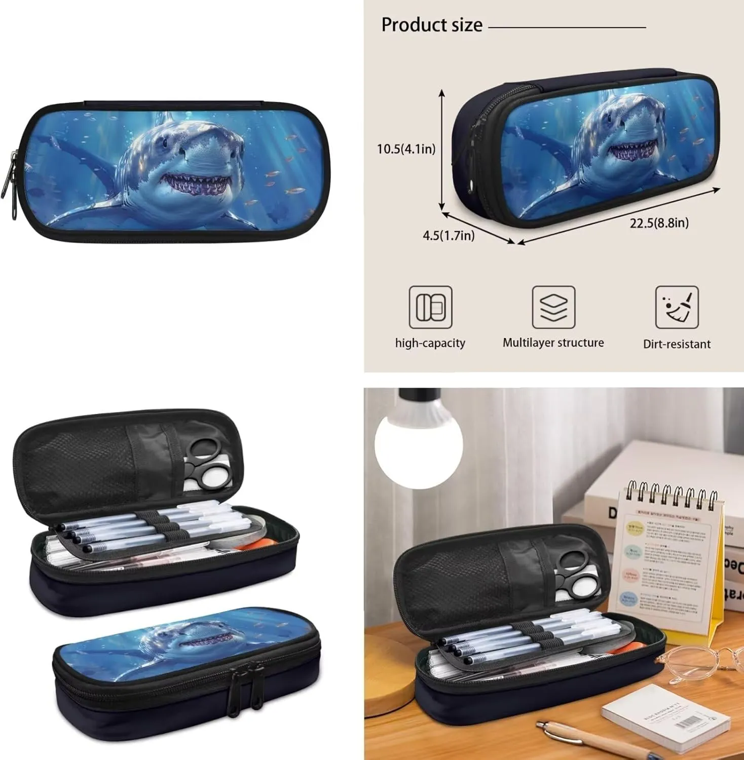 Cool Shark School Backpack With Lunch Box for Boys Kids Bookbag Pencil Case Lunch Bag Set 3 In 1 Elementary Middle School Bags for Teens Ages 8-10/10-12 Travel Daypack Students Stationery