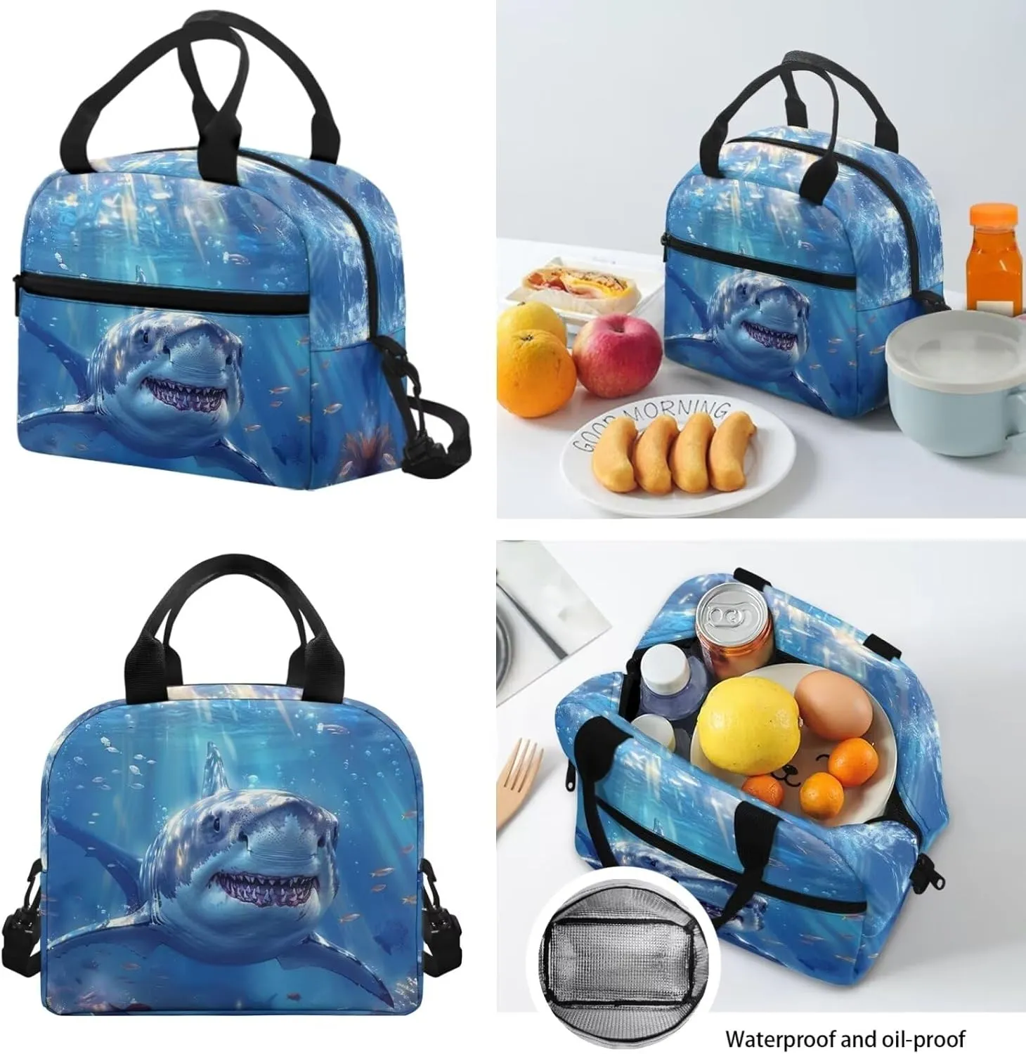 Cool Shark School Backpack With Lunch Box for Boys Kids Bookbag Pencil Case Lunch Bag Set 3 In 1 Elementary Middle School Bags for Teens Ages 8-10/10-12 Travel Daypack Students Stationery