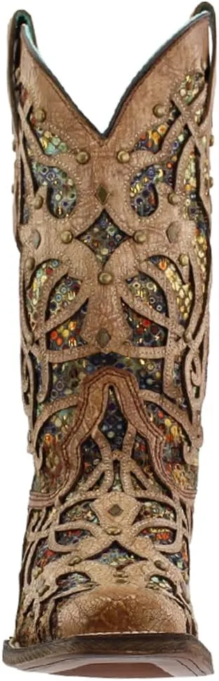 Corral Boots Womens Tooled Inlay Studded Sequins Square Toe Casual Boots Mid Calf Low Heel 1-2" - Brown