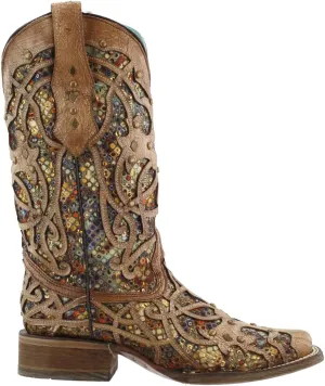Corral Boots Womens Tooled Inlay Studded Sequins Square Toe Casual Boots Mid Calf Low Heel 1-2" - Brown