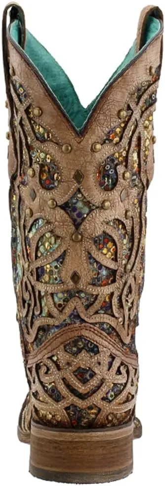 Corral Boots Womens Tooled Inlay Studded Sequins Square Toe Casual Boots Mid Calf Low Heel 1-2" - Brown