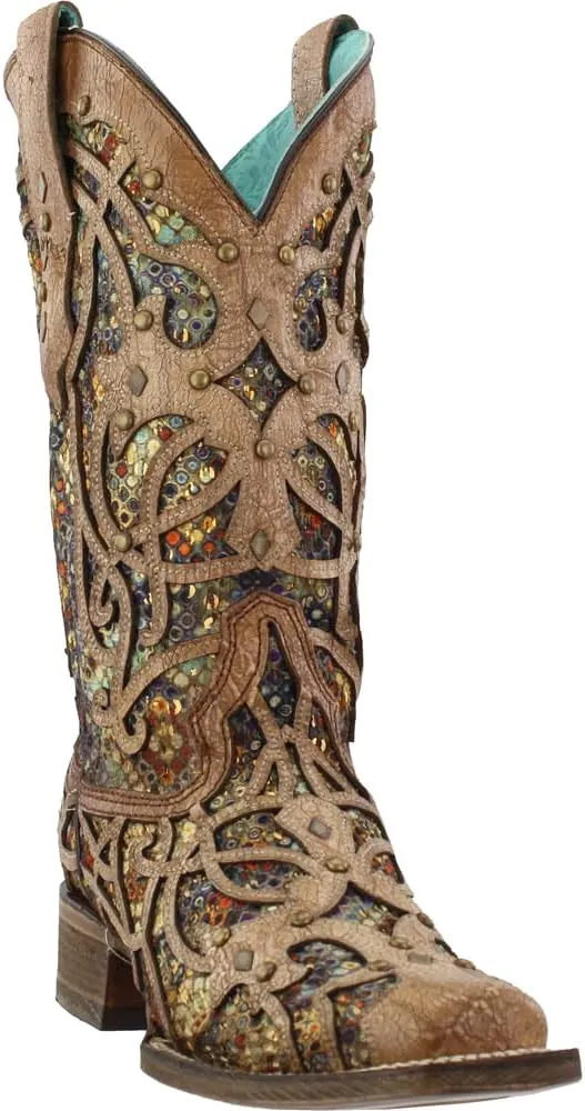 Corral Boots Womens Tooled Inlay Studded Sequins Square Toe Casual Boots Mid Calf Low Heel 1-2" - Brown