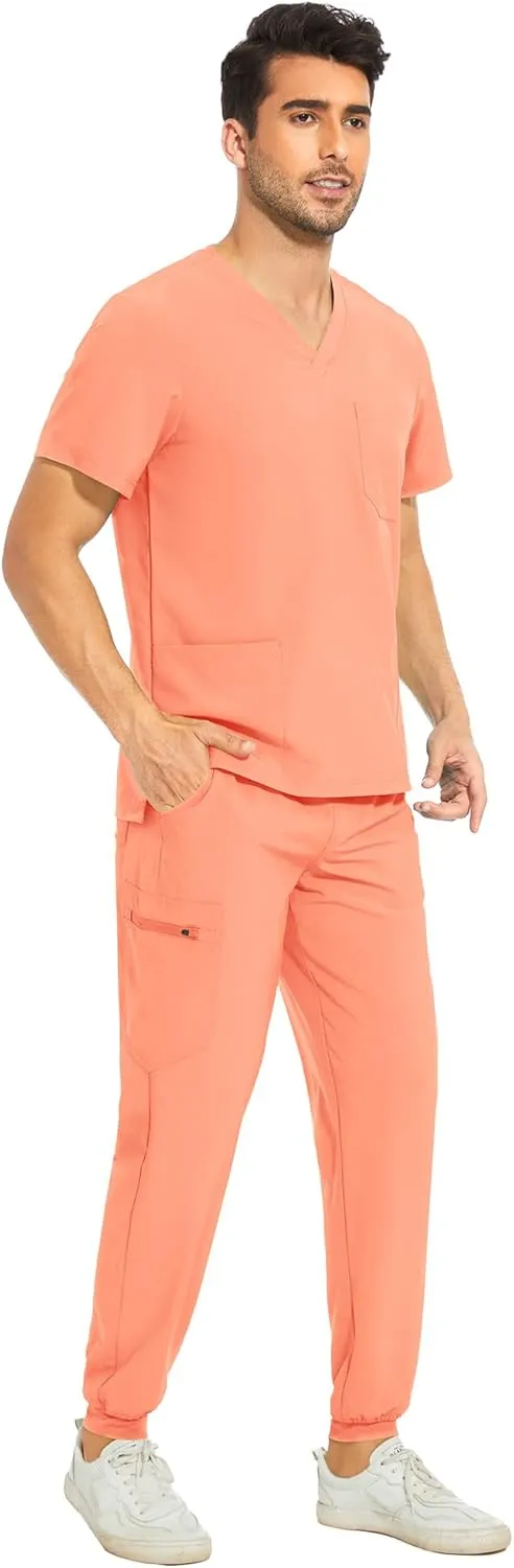 COZYFIT Men Scrubs Set — Stretch V-Neck Scrub Top & Jogger Pant with 8 Pockets, Yoga Waistband, Anti-Wrinkle Scrubs for Men