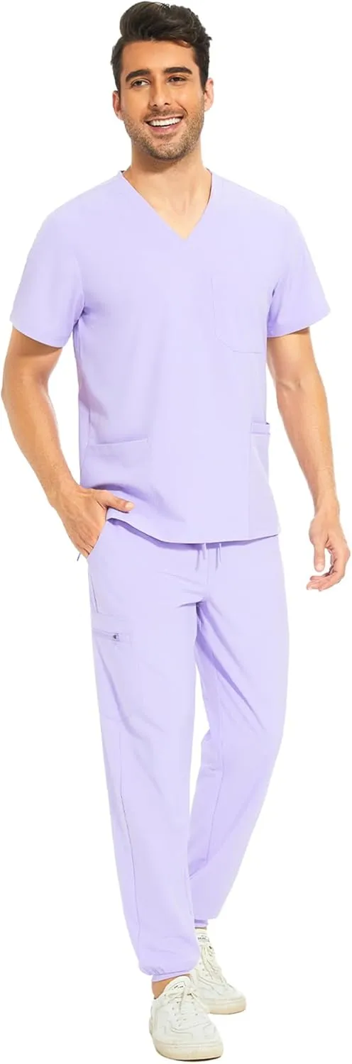 COZYFIT Men Scrubs Set — Stretch V-Neck Scrub Top & Jogger Pant with 8 Pockets, Yoga Waistband, Anti-Wrinkle Scrubs for Men