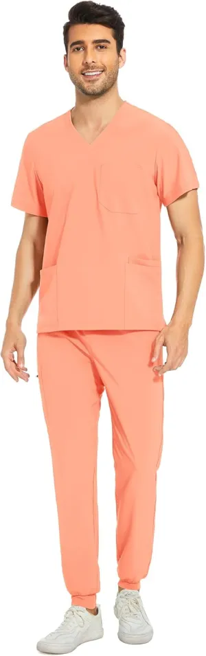 COZYFIT Men Scrubs Set — Stretch V-Neck Scrub Top & Jogger Pant with 8 Pockets, Yoga Waistband, Anti-Wrinkle Scrubs for Men