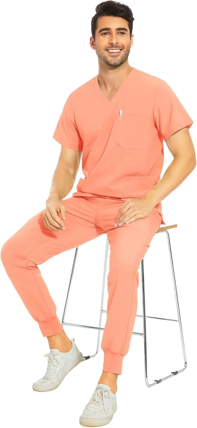 COZYFIT Men Scrubs Set — Stretch V-Neck Scrub Top & Jogger Pant with 8 Pockets, Yoga Waistband, Anti-Wrinkle Scrubs for Men