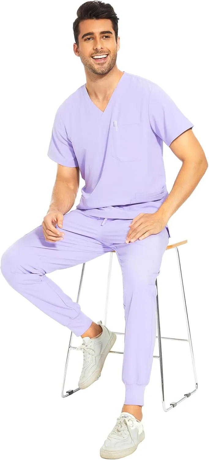 COZYFIT Men Scrubs Set — Stretch V-Neck Scrub Top & Jogger Pant with 8 Pockets, Yoga Waistband, Anti-Wrinkle Scrubs for Men