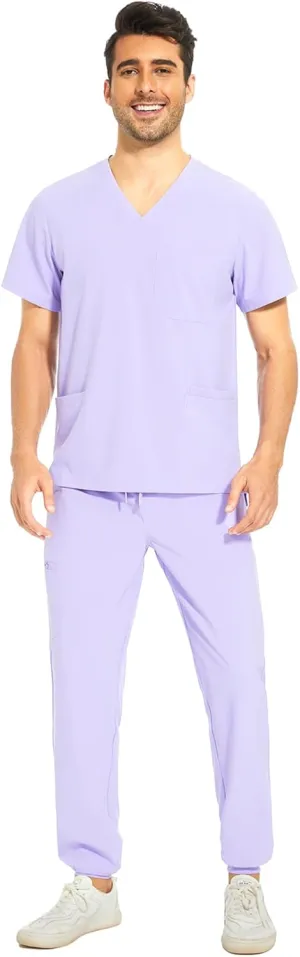 COZYFIT Men Scrubs Set — Stretch V-Neck Scrub Top & Jogger Pant with 8 Pockets, Yoga Waistband, Anti-Wrinkle Scrubs for Men