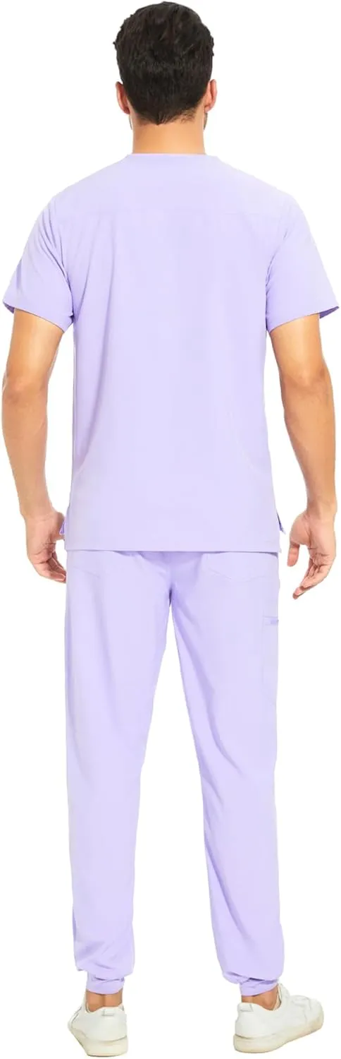 COZYFIT Men Scrubs Set — Stretch V-Neck Scrub Top & Jogger Pant with 8 Pockets, Yoga Waistband, Anti-Wrinkle Scrubs for Men