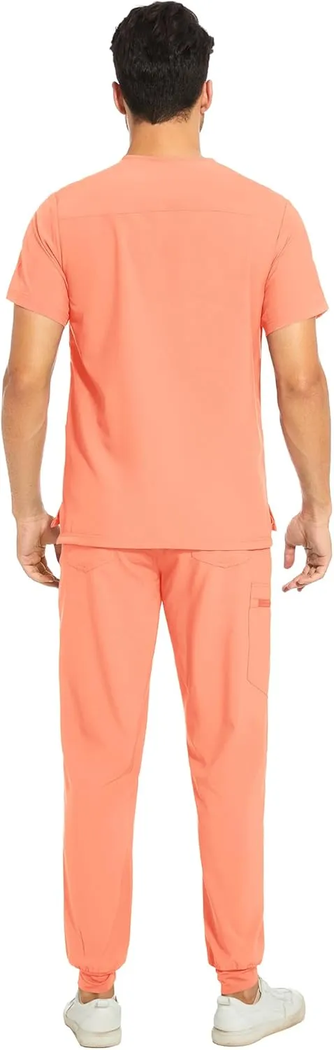 COZYFIT Men Scrubs Set — Stretch V-Neck Scrub Top & Jogger Pant with 8 Pockets, Yoga Waistband, Anti-Wrinkle Scrubs for Men