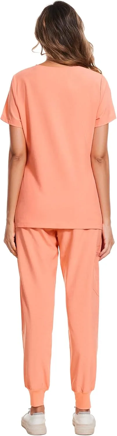COZYFIT Scrubs for Women Set - Stretch V-Neck Scrub Top & Jogger Pant with 8 Pockets