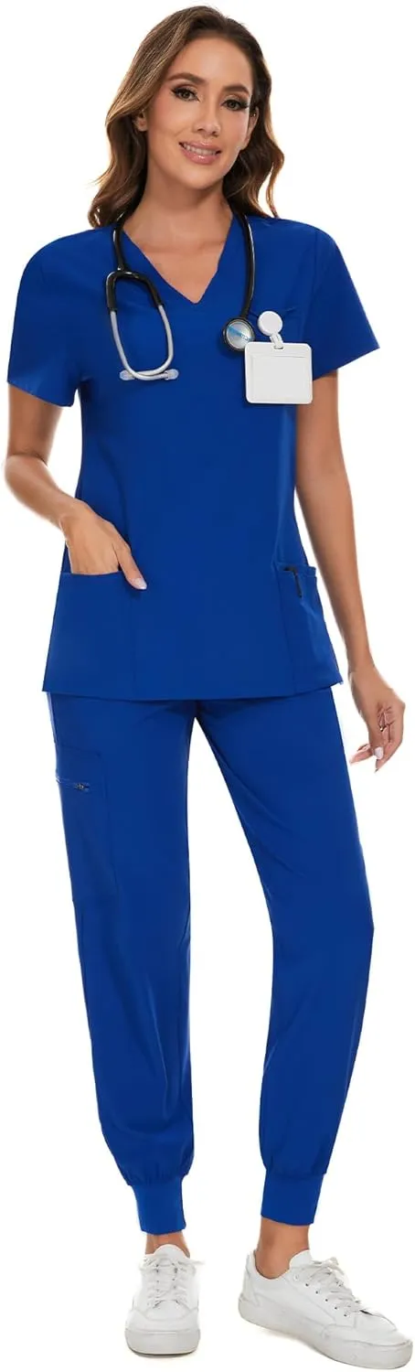 COZYFIT Scrubs for Women Set - Stretch V-Neck Scrub Top & Jogger Pant with 8 Pockets