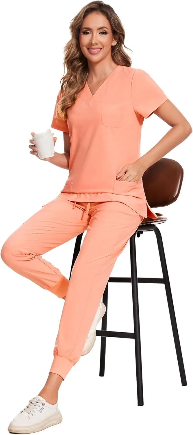 COZYFIT Scrubs for Women Set - Stretch V-Neck Scrub Top & Jogger Pant with 8 Pockets