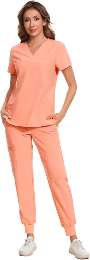 COZYFIT Scrubs for Women Set - Stretch V-Neck Scrub Top & Jogger Pant with 8 Pockets
