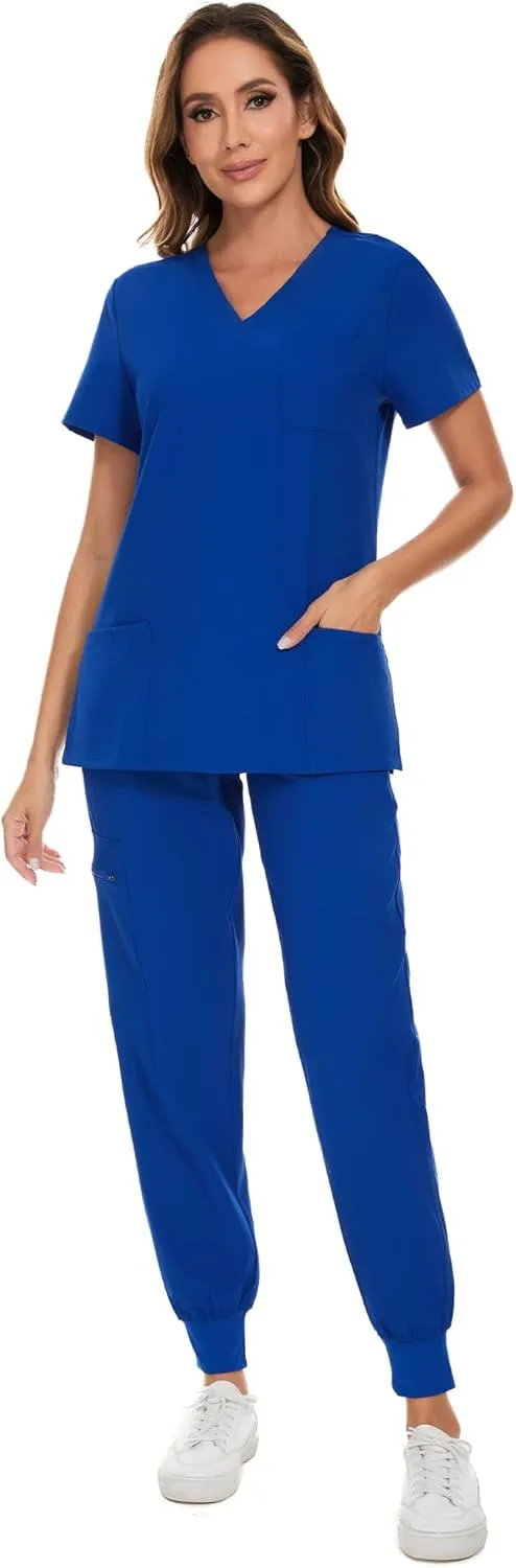COZYFIT Scrubs for Women Set - Stretch V-Neck Scrub Top & Jogger Pant with 8 Pockets