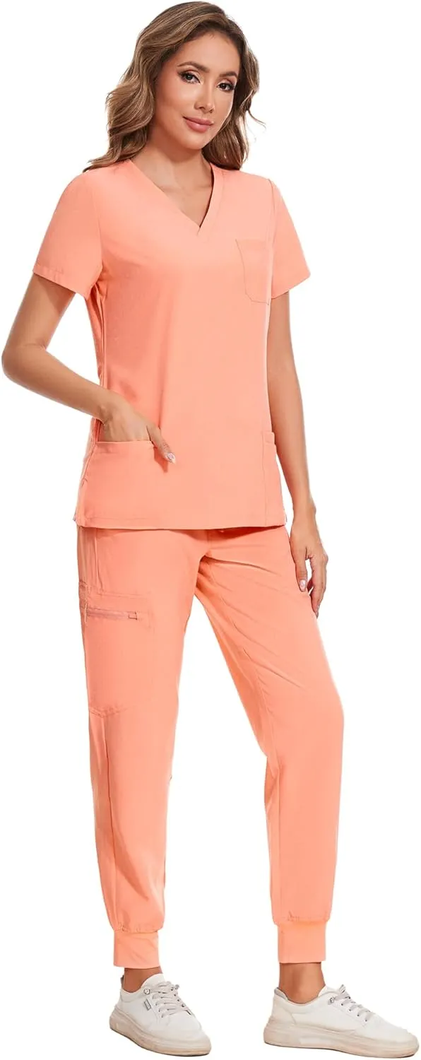 COZYFIT Scrubs for Women Set - Stretch V-Neck Scrub Top & Jogger Pant with 8 Pockets