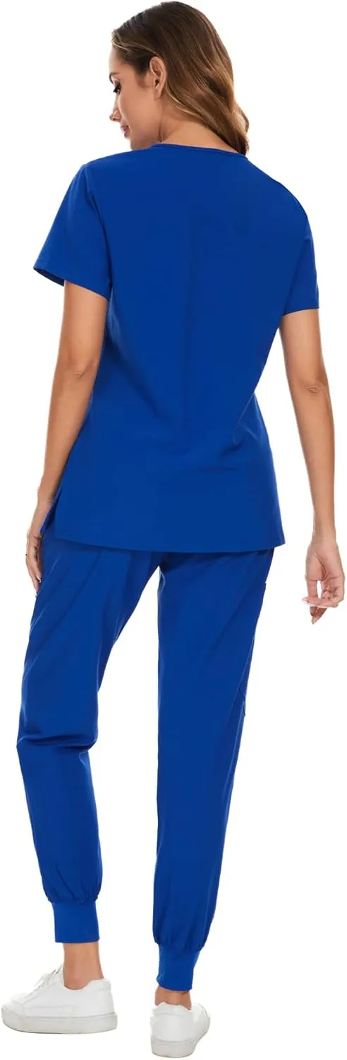 COZYFIT Scrubs for Women Set - Stretch V-Neck Scrub Top & Jogger Pant with 8 Pockets