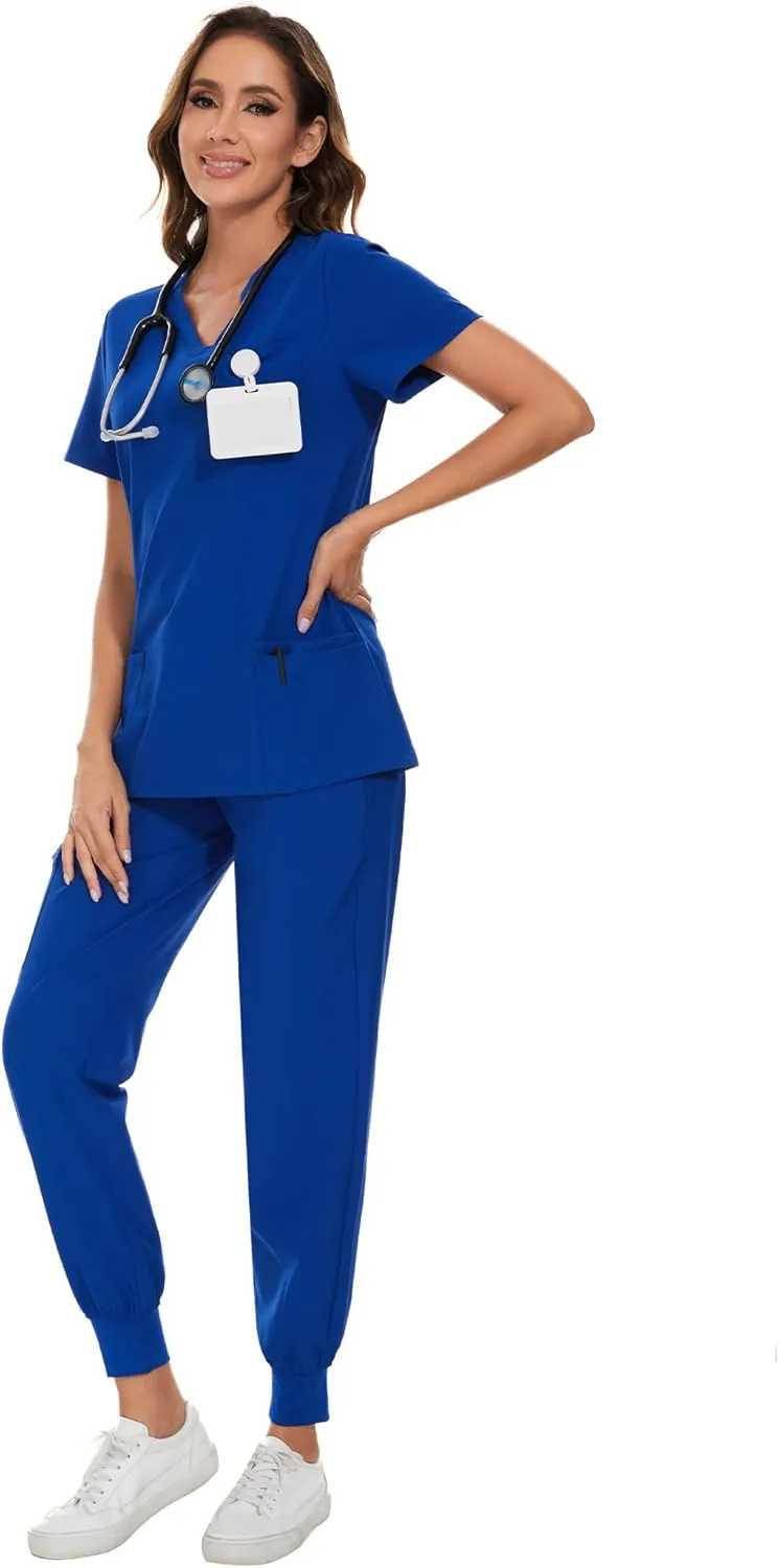 COZYFIT Scrubs for Women Set - Stretch V-Neck Scrub Top & Jogger Pant with 8 Pockets