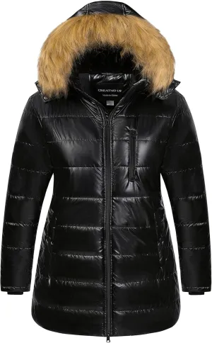 CREATMO US Women's Plus Size Winter Coats Long Puffer Jacket Fleece Lined Parka Removable Fur Hood Available in 1X To 5X