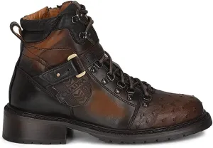 Cuadra Men's Bootie in Genuine Ostrich Leather Brown with Zipper and Laces 4J08A3