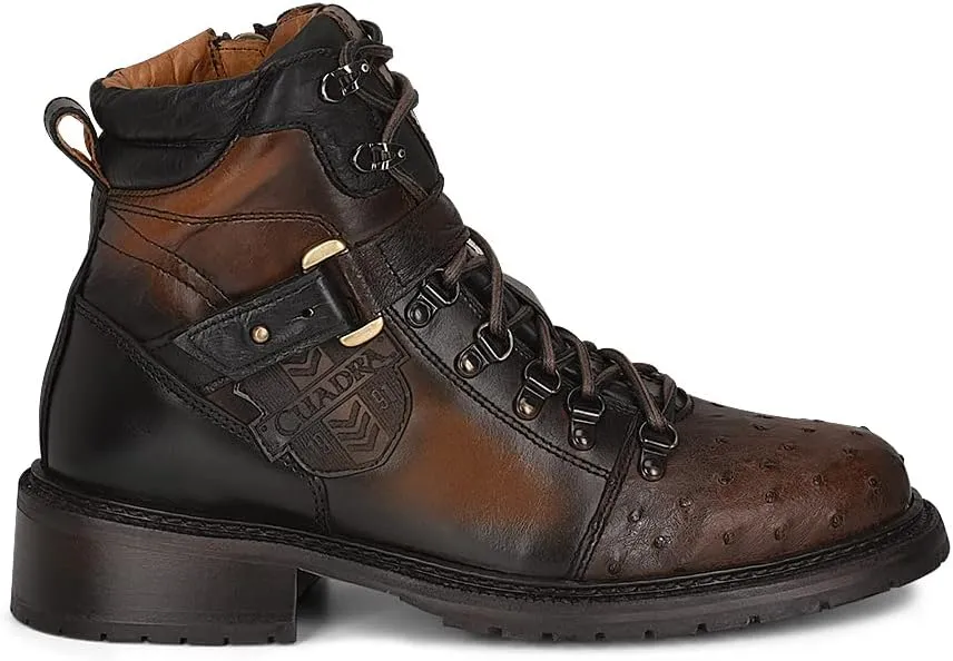 Cuadra Men's Bootie in Genuine Ostrich Leather Brown with Zipper and Laces 4J08A3