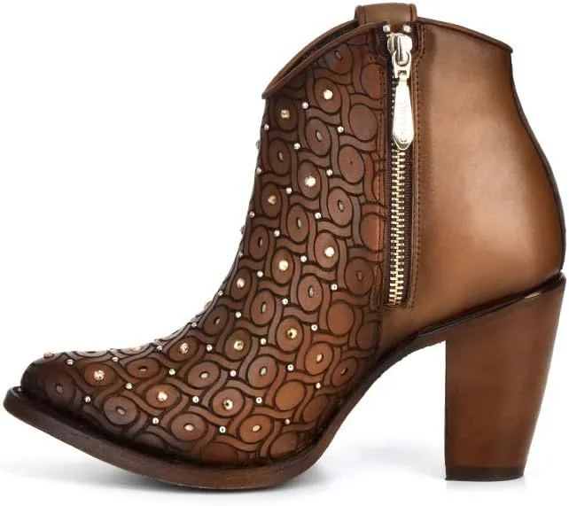 Cuadra Women's Leather Bootie with Swarovski Crystals and Zipper Brown