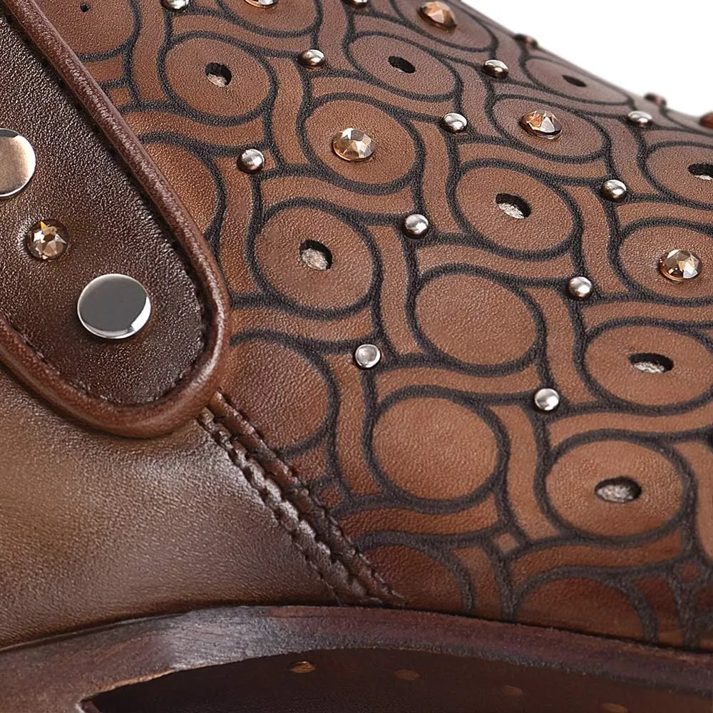 Cuadra Women's Leather Bootie with Swarovski Crystals and Zipper Brown