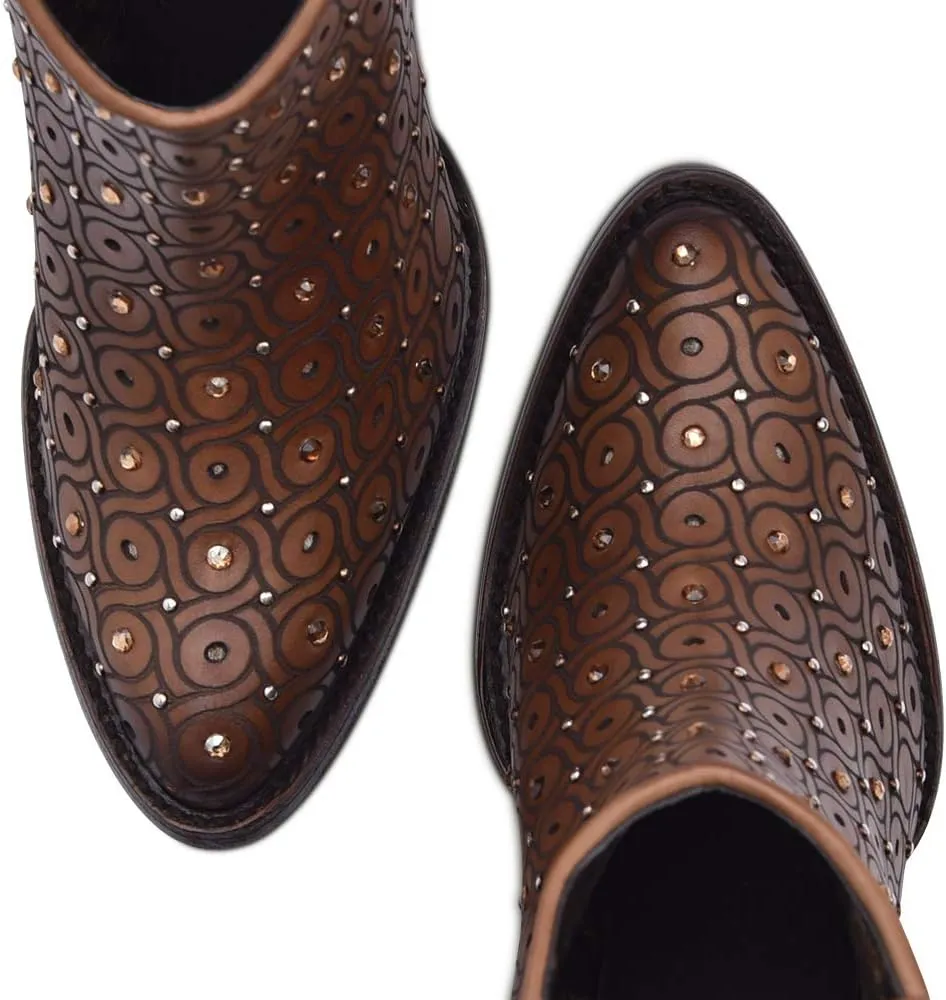 Cuadra Women's Leather Bootie with Swarovski Crystals and Zipper Brown