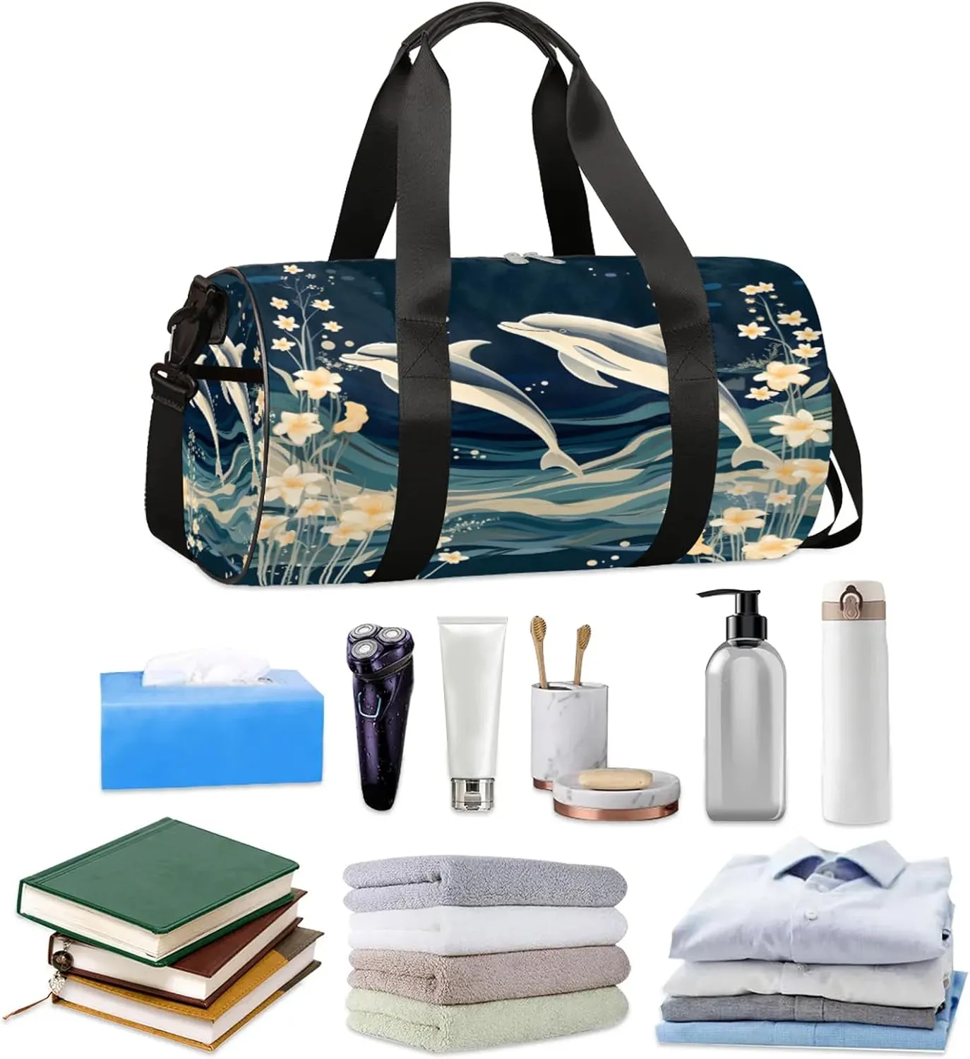 Cute Dolphin Pattern Sports Gym Bag for Men Women Lightweight Travel Duffle Bag with Shoulder Strap Waterproof Carry On Weekender Overnight Bag for Travel Sports Gym