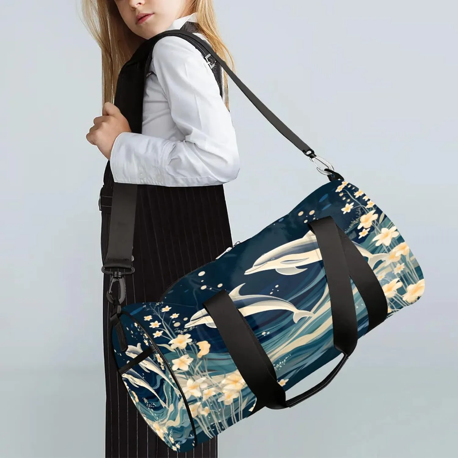 Cute Dolphin Pattern Sports Gym Bag for Men Women Lightweight Travel Duffle Bag with Shoulder Strap Waterproof Carry On Weekender Overnight Bag for Travel Sports Gym