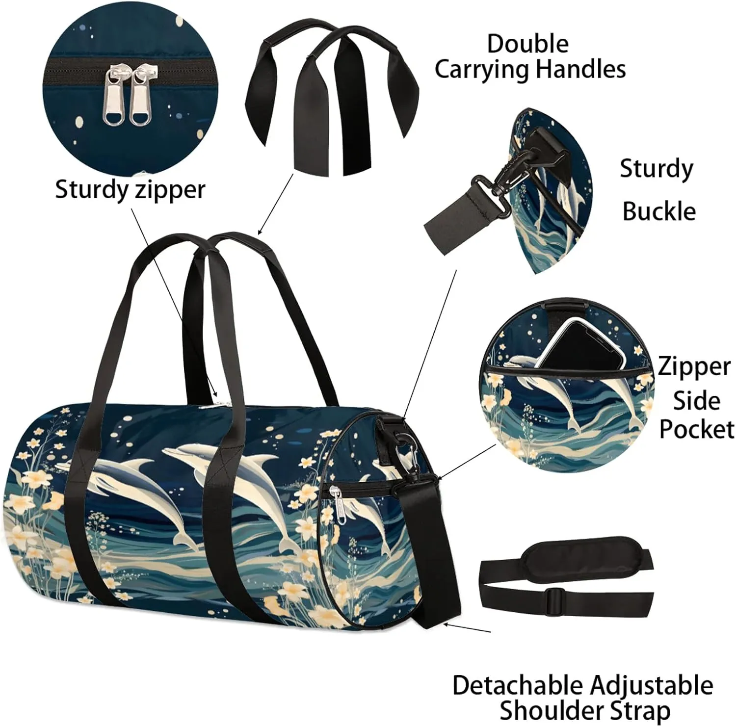 Cute Dolphin Pattern Sports Gym Bag for Men Women Lightweight Travel Duffle Bag with Shoulder Strap Waterproof Carry On Weekender Overnight Bag for Travel Sports Gym