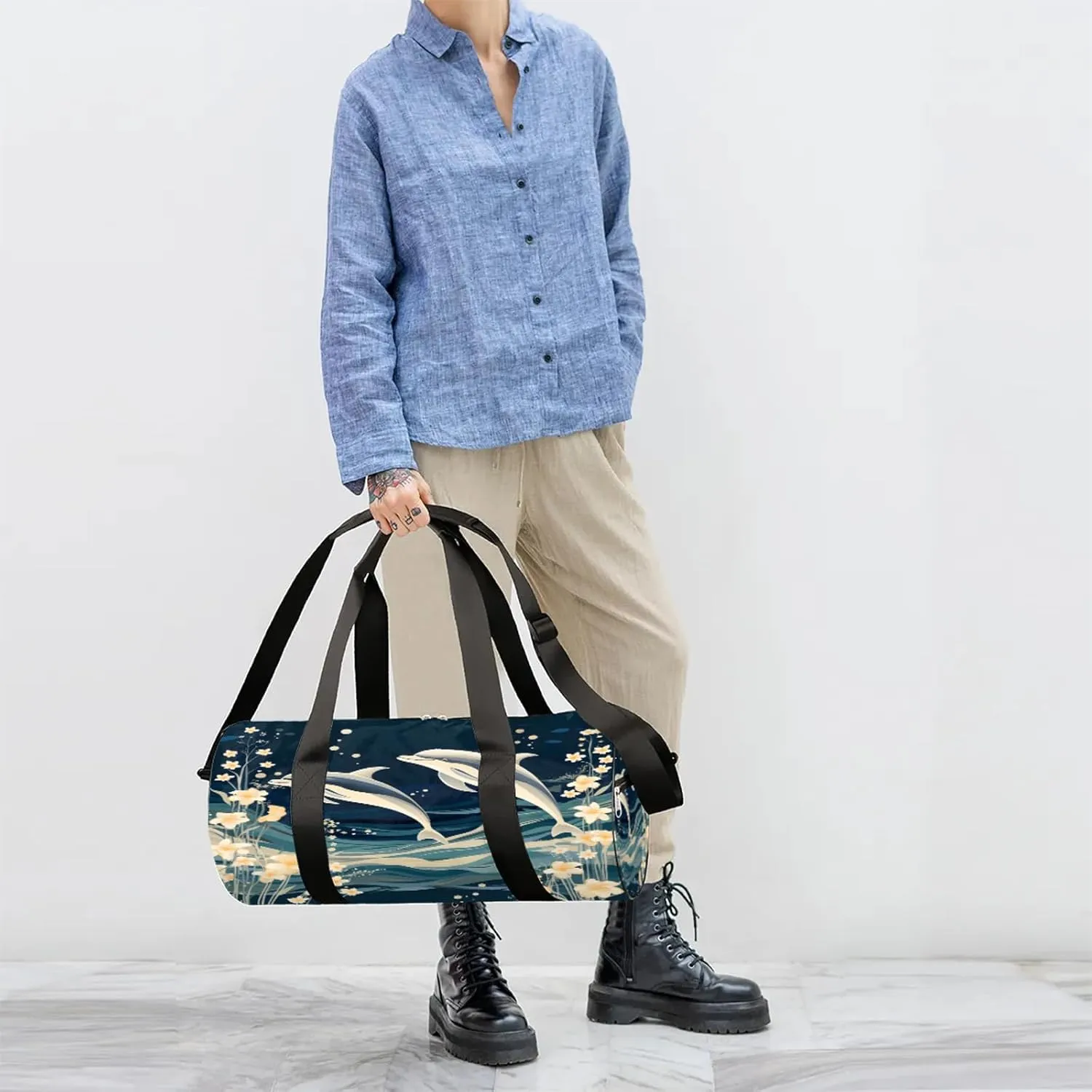 Cute Dolphin Pattern Sports Gym Bag for Men Women Lightweight Travel Duffle Bag with Shoulder Strap Waterproof Carry On Weekender Overnight Bag for Travel Sports Gym
