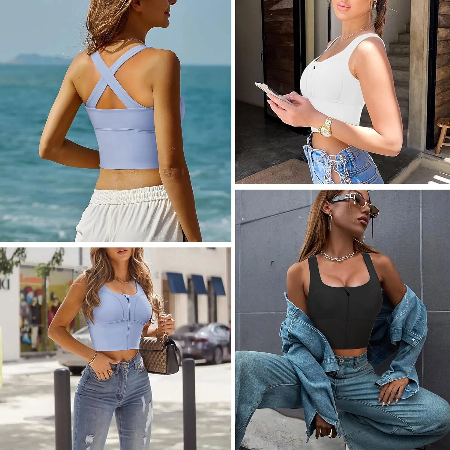 CYDREAM Zip Front Longline Sports Bras for Women Crop Tank Top Criss Cross Back Support Fitness Yoga Workout Shirts