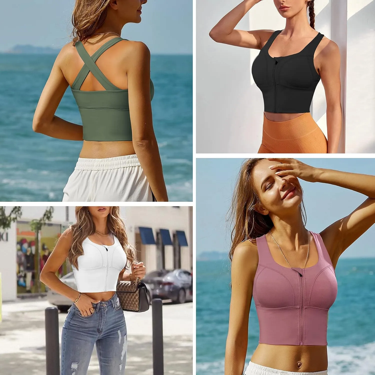 CYDREAM Zip Front Longline Sports Bras for Women Crop Tank Top Criss Cross Back Support Fitness Yoga Workout Shirts