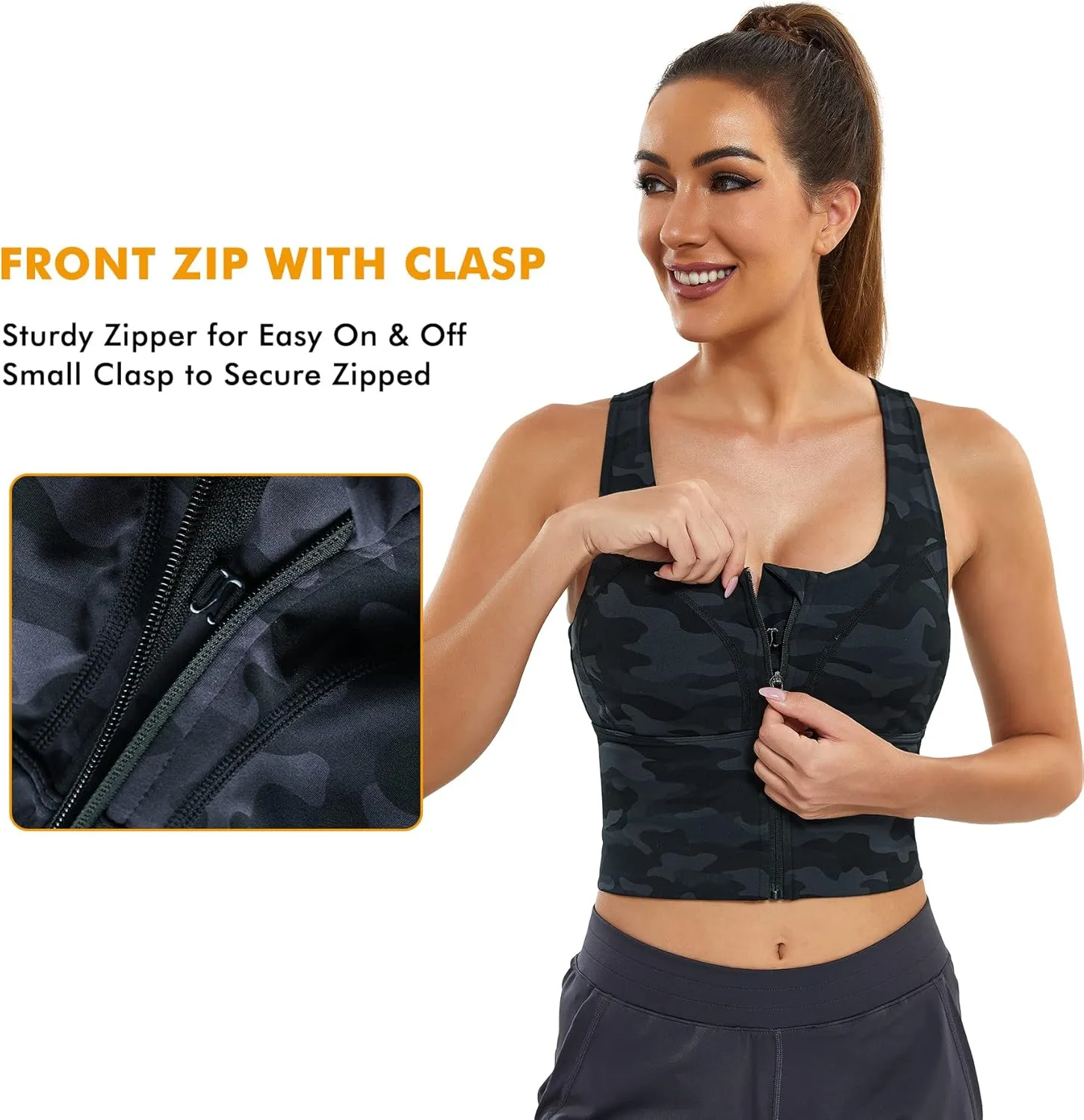 CYDREAM Zip Front Longline Sports Bras for Women Crop Tank Top Criss Cross Back Support Fitness Yoga Workout Shirts