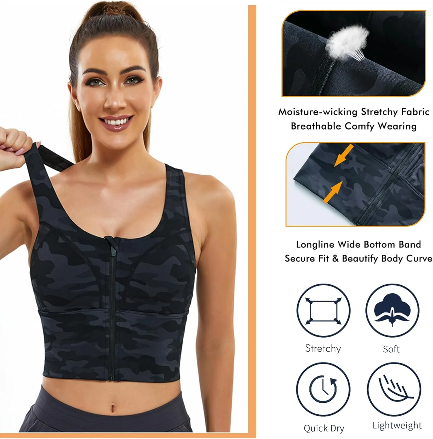 CYDREAM Zip Front Longline Sports Bras for Women Crop Tank Top Criss Cross Back Support Fitness Yoga Workout Shirts