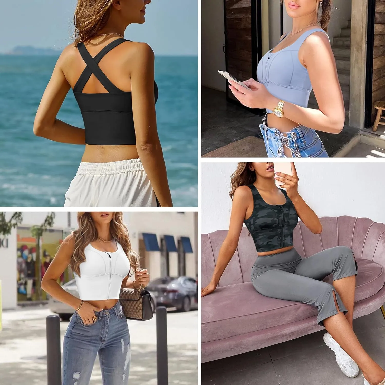 CYDREAM Zip Front Longline Sports Bras for Women Crop Tank Top Criss Cross Back Support Fitness Yoga Workout Shirts