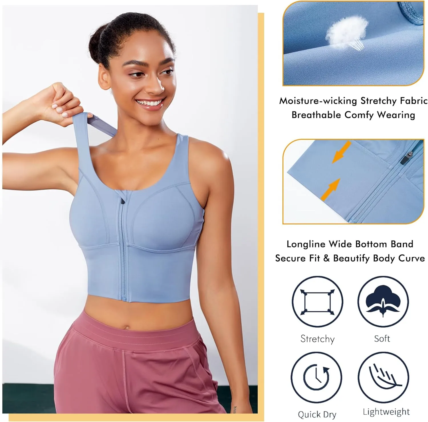 CYDREAM Zip Front Longline Sports Bras for Women Crop Tank Top Criss Cross Back Support Fitness Yoga Workout Shirts