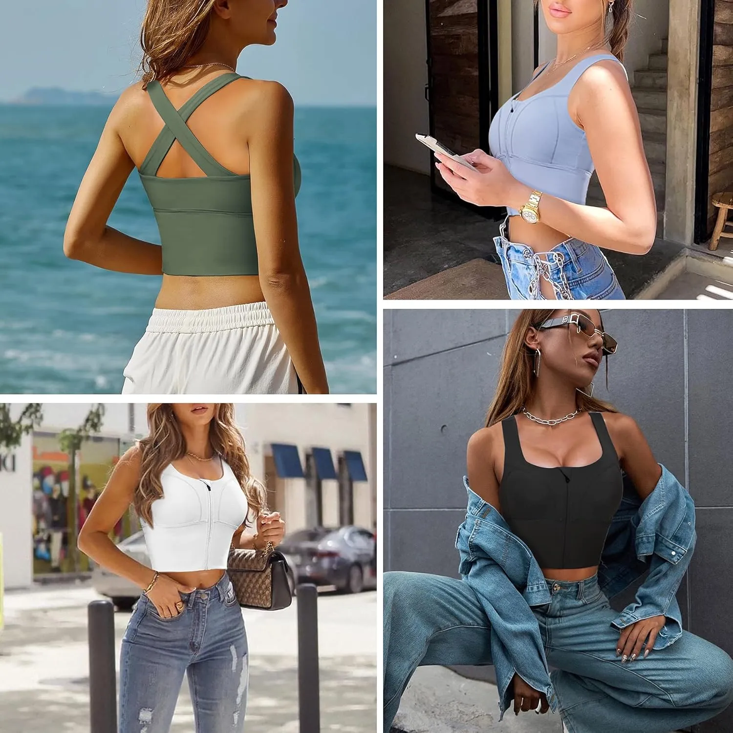 CYDREAM Zip Front Longline Sports Bras for Women Crop Tank Top Criss Cross Back Support Fitness Yoga Workout Shirts