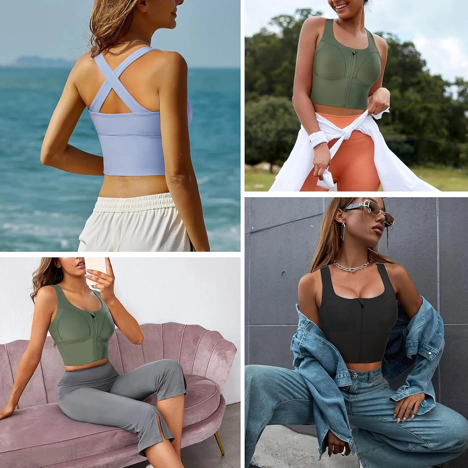 CYDREAM Zip Front Longline Sports Bras for Women Crop Tank Top Criss Cross Back Support Fitness Yoga Workout Shirts