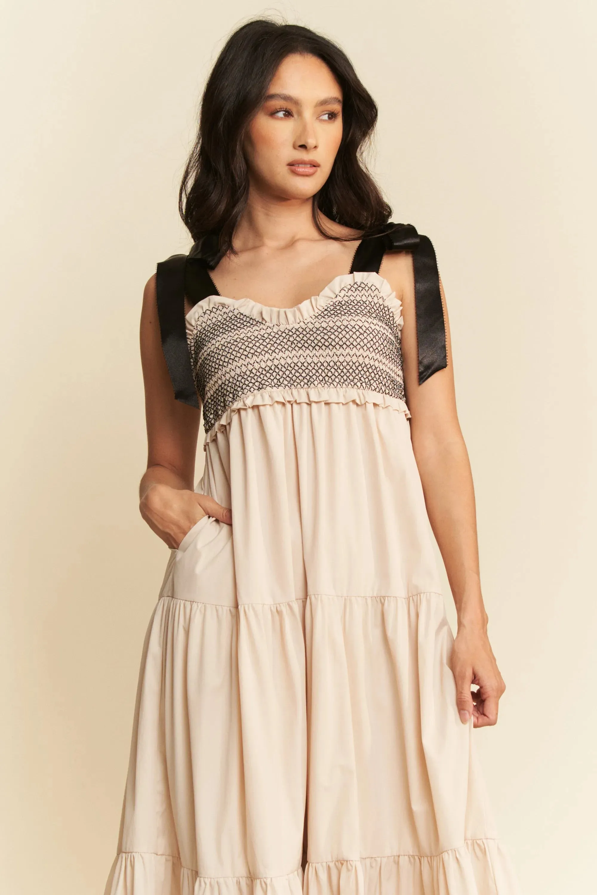 Davi & Dani Multi Contrast Smocked Bodice Straps Maxi Dress