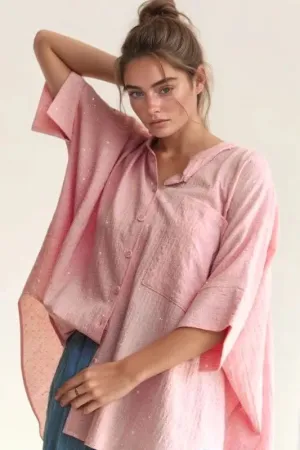 Davi & Dani Rhinestone Pleat Back Short Sleeve Loose Fit Shirt
