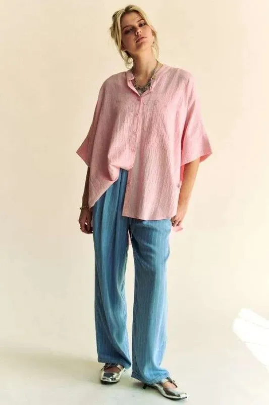 Davi & Dani Rhinestone Pleat Back Short Sleeve Loose Fit Shirt